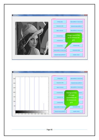 Page 40
Image quantifiée
en 8 niveaux en
gris
Histogramme
d’image
quantifiée en
8 niveaux en
gris
 