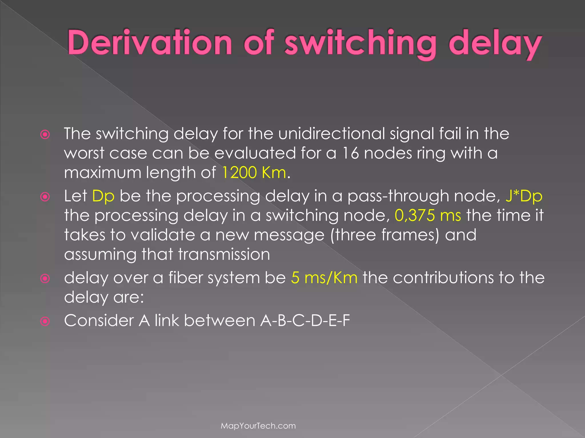  The switching delay for the unidirectional signal fail in the
worst case can be evaluated for a 16 nodes ring with a
maximum length of 1200 Km.
Let Dp be the processing delay in a pass-through node, J*Dp
the processing delay in a switching node, 0,375 ms the time it
takes to validate a new message (three frames) and
assuming that transmission
delay over a fiber system be 5 ms/Km the contributions to the
delay are:
Consider A link between A-B-C-D-E-F
MapYourTech.com