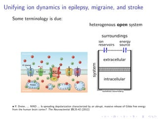 Unifying ion dynamics in epilepsy, migraine, and stroke
Some terminology is due:
heterogenous open system
ion
reservoirs
isolated boundary
system
surroundings
energy
source
extracellular
intracellular
• P. Dreier, ... MAD ... Is spreading depolarization characterized by an abrupt, massive release of Gibbs free energy
from the human brain cortex? The Neuroscientist 19,25-42 (2012)
 