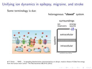Unifying ion dynamics in epilepsy, migraine, and stroke
Some terminology is due:
heterogenous “closed” system
ion
reservoirs
isolated boundary
system
surroundings
energy
source
extracellular
intracellular
• P. Dreier, ... MAD ... Is spreading depolarization characterized by an abrupt, massive release of Gibbs free energy
from the human brain cortex? The Neuroscientist 19,25-42 (2012)
 