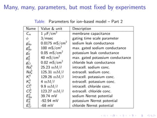 Many, many, parameters, but most ﬁxed by experiments
Table: Parameters for ion–based model – Part 2
Name Value & unit Description
Cm 1 µF/cm2
membrane capacitance
φ 3/msec gating time scale parameter
gl
Na 0.0175 mS/cm2
sodium leak conductance
gg
Na 100 mS/cm2
max. gated sodium conductance
gl
K 0.05 mS/cm2
potassium leak conductance
gg
K 40 mS/cm2
max. gated potassium conductance
gl
Cl 0.02 mS/cm2
chloride leak conductance
Na0
i 25.23 mM/l intracell. sodium conc.
Na0
e 125.31 mM/l extracell. sodium conc.
K0
i 129.26 mM/l intracell. potassium conc.
K0
e 4 mM/l extracell. potassium conc.
Cl0
i 9.9 mM/l intracell. chloride conc.
Cl0
e 123.27 mM/l extracell. chloride conc.
E0
Na 39.74 mV sodium Nernst potential
E0
K -92.94 mV potassium Nernst potential
E0
Cl -68 mV chloride Nernst potential
 