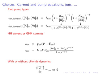 Choices: Current and pump equations, ions, ...
Two pump types
Iion,pumped,1([K]o, [Na]i ) = Imax 1 +
KmK
[K]o
−2
1 +
KmNa
[Na]i
−3
Iion,pumped,2([K]o, [Na]i ) = Imax
1
1 + e(25−[Na]i /3)
1
1 + e(5.5−[K]o)
HH current or GHK currents
Iion = gion(V − Eion)
Iion = V αF Pion
[ion]i − [ion]oe−αV
1 − e−αV
With or without chloride dynamics
d[Cl−]
dt
= ... or 0
 