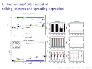 Uniﬁed minimal (4D) model of
spiking, seizures and spreading depression
5 10 15 20
Kbath / (mM/l)
−150
−100
−50
0
50
mV
HB1
LP1
LP2 HB2 HB3
HB4
LP1lc
LP2lc
TR1
TR2TR3TR4
PD
membrane potential
5 10 15 20
Kbath / (mM/l)
0
10
20
30
40
50
60
70
80
90
mM/l
HB1
LP2
LP1
HB2
HB3
HB4
extrac. potassium
stable FP
unstable FP
stable LC
unstable LC
stable torus
0 100 200 300 400 500
t / sec.
−100
−80
−60
−40
−20
0
20
40
60
mV
potential
EK
ENa
ECl
V
0.0 0.5 1.0 1.5 2.0
t / sec.
−80
−60
−40
−20
0
20
40
60
mV
0 500 1000 1500 2000
t / sec.
−100
−80
−60
−40
−20
0
20
40
60
mV
120
130
140
ion conc.
0 100 200 300 400 500
t / sec.
10
20
120
130
0.0 0.5 1.0 1.5 2.0
t / sec.
15
20
0 500 1000 1500 2000
t / sec.
0
20
40
60
80
100
120
140
mM/l
Ki
Nai
Cli
Ke
Nae
Cle
a)
b)
c)
mM/lmM/l
 