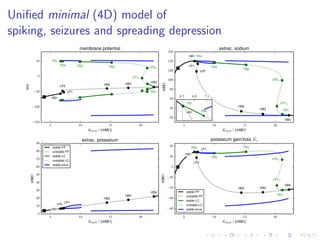 Uniﬁed minimal (4D) model of
spiking, seizures and spreading depression
5 10 15 20
Kbath / (mM/l)
−150
−100
−50
0
50
mV
HB1
LP1
LP2 HB2 HB3
HB4
LP1lc
LP2lc
TR1
TR2TR3TR4
PD
membrane potential
5 10 15 20
Kbath / (mM/l)
0
10
20
30
40
50
60
70
80
90
mM/l
HB1
LP2
LP1
HB2
HB3
HB4
extrac. potassium
stable FP
unstable FP
stable LC
unstable LC
stable torus
5 10 15 20
Kbath / (mM/l)
20
40
60
80
100
120
140
160
mM/l
LP1
LP2
HB1
HB2
HB3
HB4
LP1lc
LP2lc
TR1
TR2
TR3
TR4
extrac. sodium
5 10 15 20
Kbath / (mM/l)
−80
−60
−40
−20
0
20
40
mM/l
LP1
LP2
HB1
HB2 HB3
HB4
LP1lc
LP2lc
TR1
TR2
TR3
TR4
potassium gain/loss ˜Ke
stable FP
unstable FP
stable LC
unstable LC
stable torus
6.7 6.9 7.1
HB1 TR4
PD
 