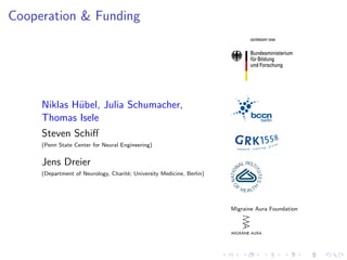Cooperation & Funding
Niklas H¨ubel, Julia Schumacher,
Thomas Isele
Steven Schiﬀ
(Penn State Center for Neural Engineering)
Jens Dreier
(Department of Neurology, Charit´e; University Medicine, Berlin)
berlin
Migraine Aura Foundation
 