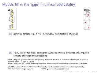 Models ﬁll in the ‘gaps’ in clinical obervability
insidecell
outsidecell
a e
sensory aura (15min)
visual aura (0min)
behavior,
perception
sensory
processing
(a) genetics defects, e.g. FHM, CADASIL, multifactorial (GWAS)
(e) Pain, loss of function, seizing/convulsions, mental dysfunctions, impared
sensory and cognitive processing
• MAD, Migraine generator network and spreading depression dynamics as neuromodulation targets in episodic
migraine. Chaos, 23, 046101 (2013)
• MAD, Migraines and Cortical Spreading Depression, Encyclopedia of Computational Neuroscience, (in press)
CADASIL: Cerebral Autosomal-Dominant Arteriopathy with Subcortical Infarcts and Leukoencephalopathy;
FHM: Familial hemiplegic migraine; GWAS: genome-wide association study
 