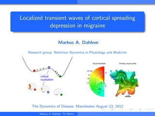 Localized transient waves of cortical spreading
            depression in migraine

                        Markus A. Dahlem

   Research group: Nonlinear Dynamics in Physiology and Medicine


                                              Visual hemifield      Primary visual cortex



                                        23 min
                                                              10°
                                         21
          critical
                                        19
          nucleation                                        5
                                        17                7 9
                                                              11
                                                              13
                                                     15
                                                     17
                                                                            1 cm




     The Dynamics of Disease, Manchester August 23, 2012
          Markus A. Dahlem, TU Berlin
 