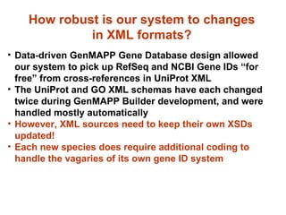 How robust is our system to changes in XML formats? <ul><li>Data-driven GenMAPP Gene Database design allowed our system to...