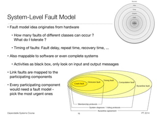 Dependable Systems Course PT 2014
System-Level Fault Model
• Fault model idea originates from hardware

• How many faults of diﬀerent classes can occur ?  
What do I tolerate ?

• Timing of faults: Fault delay, repeat time, recovery time, ...

• Also mappable to software or even complete systems

• Activities as black box, only look on input and output messages

• Link faults are mapped to the  
participating components

• Every participating component  
would need a fault model -  
pick the most urgent ones
10
 