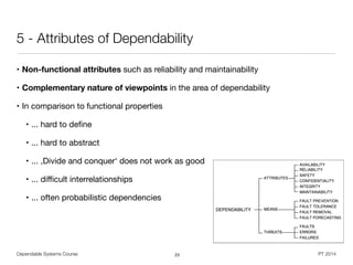 Dependable Systems Course PT 2014
5 - Attributes of Dependability
• Non-functional attributes such as reliability and maintainability

• Complementary nature of viewpoints in the area of dependability

• In comparison to functional properties

• ... hard to deﬁne

• ... hard to abstract

• ... ,Divide and conquer‘ does not work as good

• ... diﬃcult interrelationships

• ... often probabilistic dependencies
23
 