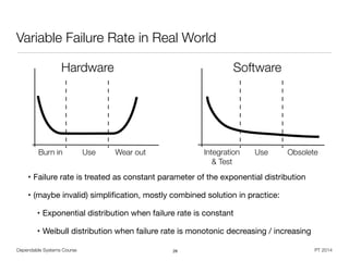 Dependable Systems Course PT 2014
Variable Failure Rate in Real World
26
Burn in Use Wear out Integration
& Test
Use Obsolete
Hardware Software
• Failure rate is treated as constant parameter of the exponential distribution

• (maybe invalid) simpliﬁcation, mostly combined solution in practice:

• Exponential distribution when failure rate is constant

• Weibull distribution when failure rate is monotonic decreasing / increasing

 