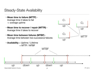 • Mean time to failure (MTTF) -  
Average time it takes to fail 
-> average uptime

• Mean time to recover / repair (MTTR) -
Average time it takes to recover

• Mean time between failures (MTBF) -
Average time between two successive failures

• Availability = Uptime / Lifetime 
= MTTF / MTBF
Dependable Systems Course PT 2014
Steady-State Availability
27
up down up
MTBF
down up
up
C1
up
C3
up
C2
MTTF
 