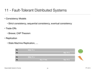 Dependable Systems Course PT 2014
11 - Fault-Tolerant Distributed Systems
• Consistency Models

• Strict consistency, sequential consistency, eventual consistency

• Trade-Oﬀs

• Brewer, CAP Theorem

• Replication

• State Machine Replication, …
51
P1# W(x)#!#a#
P2# R(x)#!#a#
P1# W(x)#!#a#
P2# R(x)#!#NIL# R(x)#!#a#
 