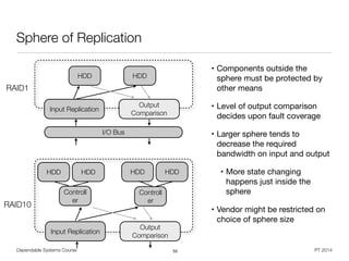 Dependable Systems Course PT 2014
Sphere of Replication
• Components outside the
sphere must be protected by
other means

• Level of output comparison
decides upon fault coverage

• Larger sphere tends to
decrease the required
bandwidth on input and output

• More state changing
happens just inside the
sphere

• Vendor might be restricted on
choice of sphere size
55
HDD HDD
Input Replication
Output
Comparison
I/O Bus
HDD HDD
Input Replication
Output
Comparison
HDD HDD
Controll
er
Controll
er
RAID1
RAID10
 