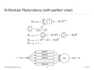 Dependable Systems Course PT 2014
N-Modular Redundancy (with perfect voter)
57
Module 1
Module 2
Module 3 Voter
...
Module N
Input Output
RNMR =
mX
i=0
✓
N
i
◆
(1 R)i
RN i
✓
n
k
◆
=
n!
k!(n k)!
R2 of 3 =
✓
3
0
◆
(1 R)0
R3
+
✓
3
1
◆
(1 R)R2
R2 of 3 = R3
+ 3(1 R)R2
R3 of 5 = ...
 