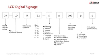 Page26
Copyright © 2019 Dahua Technologies Co., Ltd. All rights reserved.
LCD Digital Signage
Brand:
DH/DHI:
Dahua
Positioning:
S: Standard
T: Treasure
P: Premium
M: Performance
D: Economic
H: Highlight
E : Egant
100: <1080P
200: 1080P
400: 4K
Size:
10: 10’
22: 22"
32: 32"
43: 43"
49: 49"
55: 55"
65: 65"
H
DH AI
S
H: Horizontal
V: Vertical
32 200
LD
LD:
LCD Digital Signage
()
AI: Android Indoor
AO: Android Outdoor
WI: Windows Indoor
WO: Windows Outdoor
AS: Bus station
AB: Vehicle
T: Touchable
(): Untouchable
A: Air condition
()
H: Horizontal
(): Untouchable
 