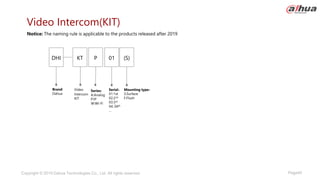Page40
Copyright © 2019 Dahua Technologies Co., Ltd. All rights reserved.
Video Intercom(KIT)
Brand:
Dahua
KT P
DHI 01
Video
Intercom
KIT
Series:
A:Analog
P:IP
W:Wi-Fi
Serial：
01:1st
02:2nd
03:3rd
04: 04th
…
Notice: The naming rule is applicable to the products released after 2019
(S)
Mounting type：
S:Surface
F:Flush
 
