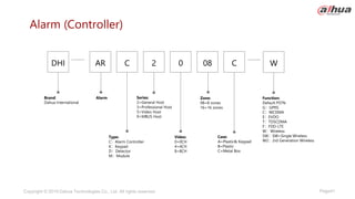 Page41
Copyright © 2019 Dahua Technologies Co., Ltd. All rights reserved.
Alarm (Controller)
Brand:
Dahua International
Alarm
DHI AR 08 W
2 C
0
Type:
C：Alarm Controller
K：Keypad
D：Detector
M：Module
Series:
2=General Host
3=Professional Host
5=Video Host
9=MBUS Host
Video:
0=0CH
4=4CH
8=8CH
Zone:
08=8 zones
16=16 zones
Case:
A=Plastic& Keypad
B=Plastic
C=Metal Box
Function:
Default PSTN
G：GPRS
C：WCDMA
E：EVDO
T：TDSCDMA
F：FDD-LTE
W：Wireless
SW：SW=Single Wireless
W2：2rd Generation Wireless
C
 
