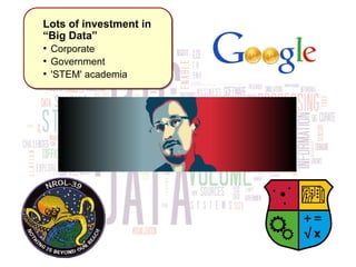 Lots of investment in 
“Big Data” 
● ● Corporate 
● ● Government 
● ● 'STEM' academia 
 