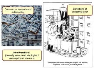 Commercial interests and 
public policy 
Conditions of 
academic labor 
Neoliberalism: 
(Loosely associated ideologies / 
assumptions / interests) 
 