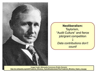 Neoliberalism: 
Taylorism, 
“Audit Culture” and fierce 
job/grant competition 
 
Data contributions don’t 
count! 
Image Credit: Wikimedia Commons (Public Domain) 
http://en.wikipedia.org/wiki/Frederick_Winslow_Taylor#mediaviewer/File:Frederick_Winslow_Taylor_crop.jpg 
 