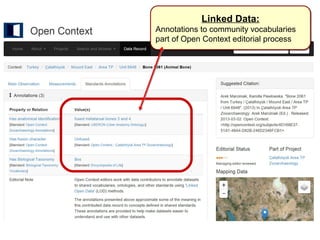 Linked Data: 
Annotations to community vocabularies 
part of Open Context editorial process 
 