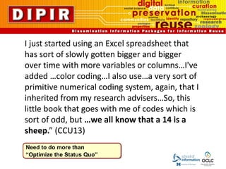 I just started using an Excel spreadsheet that 
has sort of slowly gotten bigger and bigger 
over time with more variables or columns…I've 
added …color coding…I also use…a very sort of 
primitive numerical coding system, again, that I 
inherited from my research advisers…So, this 
little book that goes with me of codes which is 
sort of odd, but …we all know that a 14 is a 
sheep.” (CCU13) 
Need to do more than 
“Optimize the Status Quo” 
 