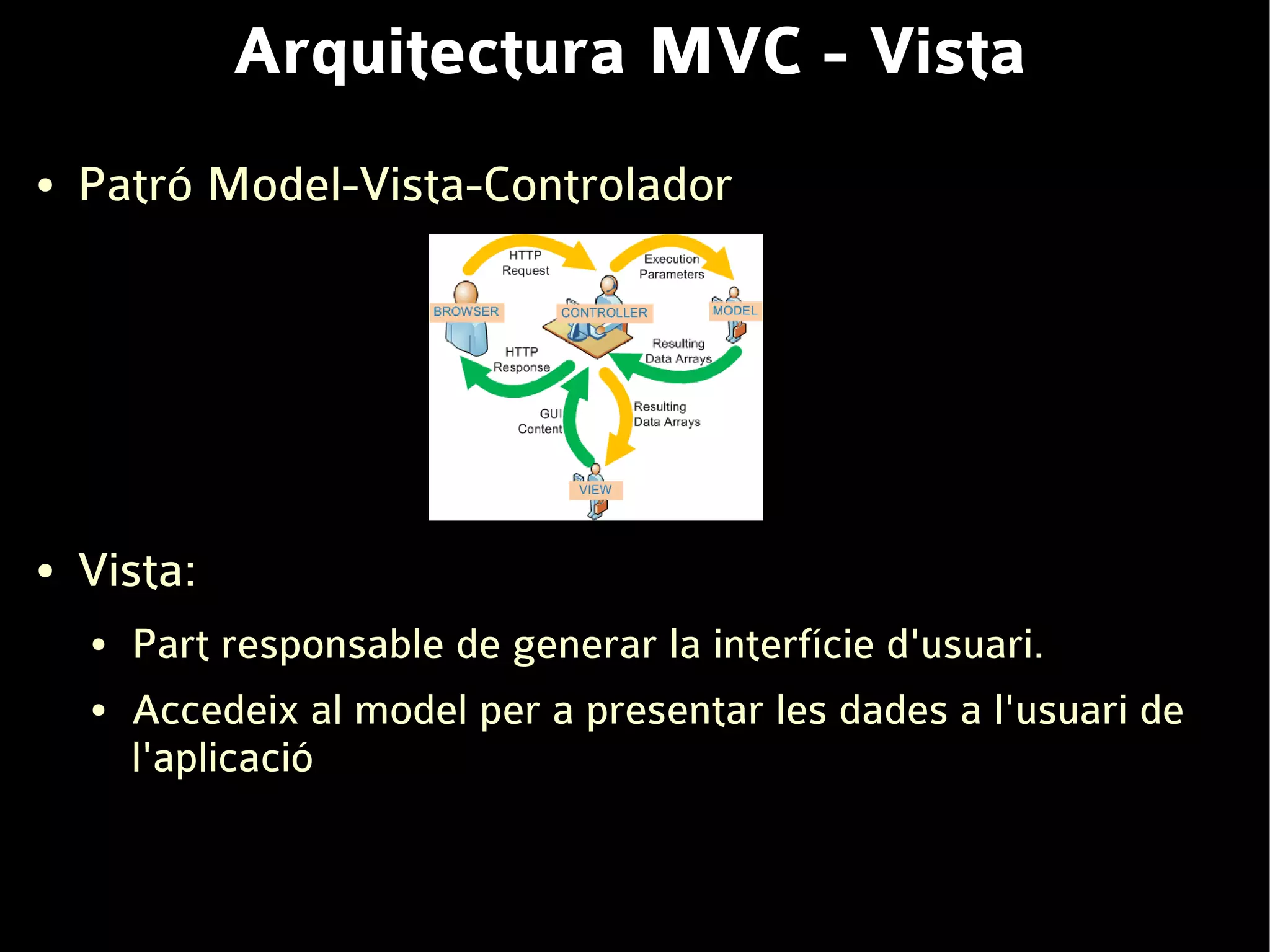 Arquitectura MVC - Vista
●   Patró Model-Vista-Controlador




●   Vista:
    ●   Part responsable de generar la interfície d'usuari.
    ●   Accedeix al model per a presentar les dades a l'usuari de
        l'aplicació
 