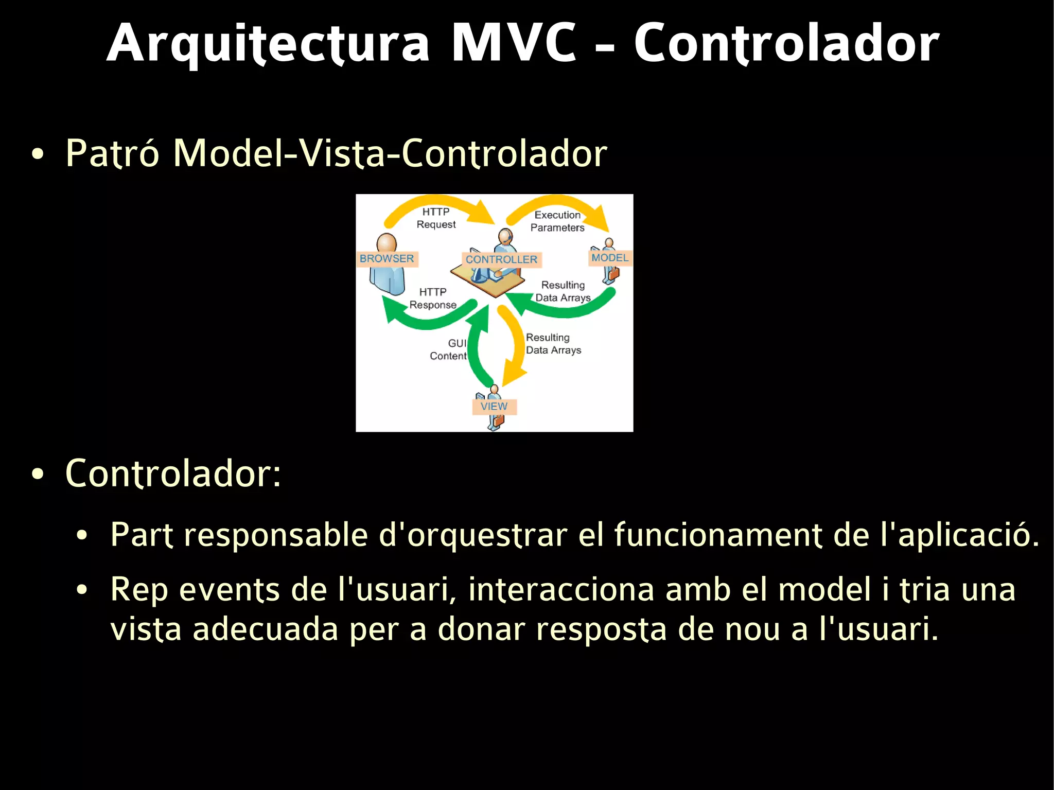 Arquitectura MVC - Controlador
●   Patró Model-Vista-Controlador




●   Controlador:
    ●   Part responsable d'orquestrar el funcionament de l'aplicació.
    ●   Rep events de l'usuari, interacciona amb el model i tria una
        vista adecuada per a donar resposta de nou a l'usuari.
 