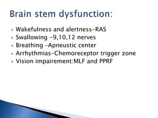  Wakefulness and alertness-RAS
 Swallowing -9,10,12 nerves
 Breathing –Apneustic center
 Arrhythmias-Chemoreceptor trigger zone
 Vision impairement:MLF and PPRF
 