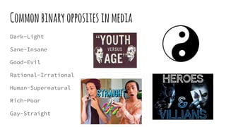 Commonbinaryopposites inmedia
Dark-Light
Sane-Insane
Good-Evil
Rational-Irrational
Human-Supernatural
Rich-Poor
Gay-Straight
 