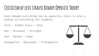 CriticismoflevistraussBinaryOppositeTheory
Even though everything has an opposite, there is also a
medium to everything for example:
Rich - Middle Class - Poor
Gay - Bisexual - Straight
Bad - Normal - Good
Antagonist - Bystander - Protagonist
 