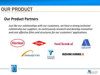 OUR PRODUCT
 Our Product Partners
   Just like our relationships with our customers, we have a strong technical
   relationship our suppliers, to continuously research and develop innovative
   and cost effective films and structures for our customers’ applications.
 