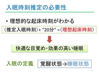 入眠時刻推定の必要性 
• 理想的な起床時刻がわかる 
（推定入眠時刻）+ “20分” =（理想起床時刻） 
11 
快適な目覚め・効果の高い睡眠 
入眠の定義覚醒状態→睡眠状態 
 