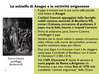 Lo schiaffo di Anagni e la cattività avignonese
                     Il papa si trovava con la sua corte nella piccola
                      città laziale di Anagni
                     I soldati francesi appoggiati dalle famiglie
                      nobili romane nemiche di Bonifacio VII,
                      come i Colonna, cercarono di prelevare il
                      papa, ma la folla insorse e impedì l’arresto
                     Prima di andarsene, però, Sciarra Colonna
                      schiaffeggiò il papa
                     Sembra che lo shock subito in questa circostanza
                      abbia influito sulla morte del pontefice, avvenuta
                      qualche settimana dopo per infarto
                     Due anni dopo il re francese riuscì a far eleggere
                      come papa il cardinale di Bordeaux con il nome
                      di Clemente V (1305-1314)
Sciarra Colonna
   schiaffeggia
                     Nel 1309, Clemente V decise di spostare la
 Bonifacio VIII       curia papale da Roma a Avignone (in
                      Provenza), e qui essa rimase fino al 1378 nella
                      cosiddetta “cattività avignonese” della Chiesa
 