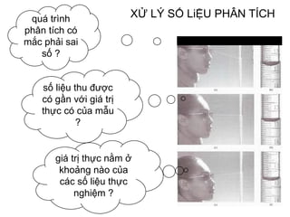 XỬ LÝ SỐ LiỆU PHÂN TÍCH
số liệu thu được
có gần với giá trị
thực có của mẫu
?
giá trị thực nằm ở
khoảng nào của
các số liệu thực
nghiệm ?
quá trình
phân tích có
mắc phải sai
số ?
 