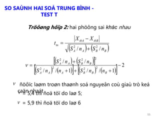 55
SO SAÙNH HAI SOÁ TRUNG BÌNH -
TEST T
   BBAA
tbBtbA
tn
nSnS
XX
t
// 22



    
          2
1//1//
//
2222
222




BBBAAA
BBAA
nnSnnS
nSnS

ñöôïc laøm troøn thaønh soá nguyeân coù giaù trò keá
caän nhaát

 = 5,4 thì ñoä töï do laø 5;
= 5,9 thì ñoä töï do laø 6
Tröôøng hôïp 2: hai phöông sai khác nhau
 