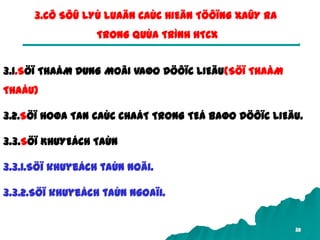 32
3.CÔ SÔÛ LYÙ LUAÄN CAÙC HIEÄN TÖÔÏNG XAÛY RA
TRONG QUÙA TRÌNH HTCX
3.1.SÖÏ THAÁM DUNG MOÂI VAØO DÖÔÏC LIEÄU(SÖÏ THAÅM
THAÁU)
3.2.SÖÏ HOØA TAN CAÙC CHAÁT TRONG TEÁ BAØO DÖÔÏC LIEÄU.
3.3.SÖÏ KHUYEÁCH TAÙN
3.3.1.Söï khuyeách taùn noäi.
3.3.2.Söï khuyeách taùn ngoaïi.
 