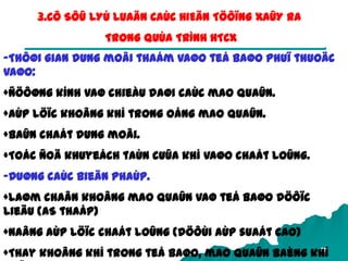 35
3.CÔ SÔÛ LYÙ LUAÄN CAÙC HIEÄN TÖÔÏNG XAÛY RA
TRONG QUÙA TRÌNH HTCX
-Thôøi gian dung moâi thaám vaøo teá baøo phuï thuoäc
vaøo:
+Ñöôøng kính vaø chieàu daøi caùc mao quaûn.
+AÙp löïc khoâng khí trong oáng mao quaûn.
+Baûn chaát dung moâi.
+Toác ñoä khuyeách taùn cuûa khí vaøo chaát loûng.
-Duøng caùc bieän phaùp.
+Laøm chaân khoâng mao quaûn vaø teá baøo döôïc
lieäu (AS thaáp)
+Naâng aùp löïc chaát loûng (döôùi aùp suaát cao)
+Thay khoâng khí trong teá baøo, mao quaûn baèng khí
 