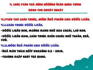 41
4. CAÙC YEÁU TOÁ AÛNH HÖÔÛNG ÑEÁN QUÙA TRÌNH
HOØA TAN CHIEÁT XUAÁT
4.1.YEÁU TOÁ CAÁU TRUÙC, MÖÙC ÑOÄ PHAÂN CHIA DÖÔÏC LIEÄU.
4.1.1.CAÁU TRUÙC DÖÔÏC LIEÄU.
-Döôïc lieäu non, moûng manh nhö hoa choài, laù non.
-Döôïc lieäu giaø, caáu truùc raén chaéc nhö thaân, reã,
voû.
4.1.2.MÖÙC ÑOÄ PHAÂN CHIA DÖÔÏC LIEÄU.
-Ñoä mòn thích hôïp khoaûng 0.2 – 2mm.
-Traùnh daäp naùt teá baøo.
 