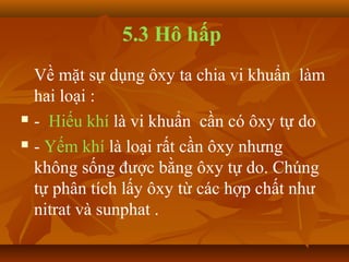 5.3 Hô hấp
  Về mặt sự dụng ôxy ta chia vi khuẩn làm
  hai loại :
 - Hiếu khí là vi khuẩn cần có ôxy tự do

 - Yếm khí là loại rất cần ôxy nhưng

  không sống được bằng ôxy tự do. Chúng
  tự phân tích lấy ôxy từ các hợp chất như
  nitrat và sunphat .
 