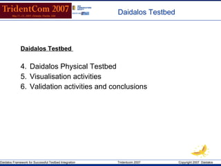Daidalos Testbed Daidalos Testbed  Daidalos Physical Testbed Visualisation activities Validation activities and conclusions 