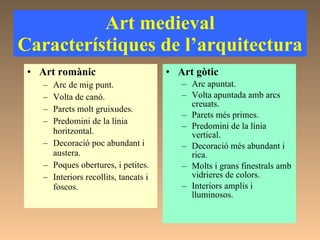 Art medieval Característiques de l’arquitectura Art romànic Arc de mig punt. Volta de canó. Parets molt gruixudes. Predomini de la línia horitzontal. Decoració poc abundant i austera. Poques obertures, i petites. Interiors recollits, tancats i foscos. Art gòtic Arc apuntat. Volta apuntada amb arcs creuats. Parets més primes. Predomini de la línia vertical. Decoració més abundant i rica. Molts i grans finestrals amb vidrieres de colors. Interiors amplis i lluminosos. 