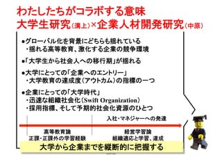 Copyright(C) 2007 Jun Nakahara, All rights
reserved.
4
わたしたちがコラボする意味
大学生研究（溝上）×企業人材開発研究（中原）	
●グローバル化を背景にどちらも揺れている
　・揺れる高等教育、激化する企業の競争環境
●「大学生から社会人への移行期」が揺れる
●大学にとっての「企業へのエントリー」
　・大学教育の達成度（アウトカム）の指標の一つ
●企業にとっての「大学時代」
　・迅速な組織社会化（Swift Organization）
　・採用指標、そして予期的社会化資源のひとつ
高等教育論
正課・正課外の学習経験	
経営学習論
組織適応と学習、達成	
入社・マネジャーへの発達	
大学から企業までを縦断的に把握する	
 