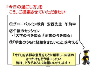 Copyright(C) 2007 Jun Nakahara, All rights
reserved.
6
「今日の過ごし方」を
　こう、ご提案させていただきたい	
①グローバル化×教育　安西先生　午前中
②午後のセッション
　・「大学の今を知る」「企業の今を知る」
③「学生のうちに経験させたいこと」を考える
「今日」を多様な意見をもとに解釈し、内省の
きっかけを行う場にしたい 
皆様、どうぞよろしく御願いいたします！	
 
