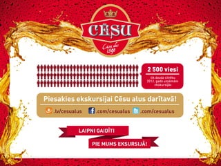 2 500 viesi
tik daudz cilvēku
2012. gadā uzņēmām
ekskursijās

Piesakies ekskursijai Cēsu alus darītavā!
.lv/cesualus

.com/cesualus

.com/cesualus

LAIPNI GAIDĪTI
PIE MUMS EKSURSIJĀ!

 