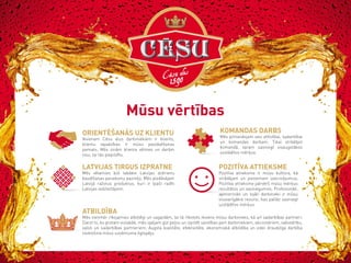 Mūsu vērtības
ORIENTĒŠANĀS UZ KLIENTU

KOMANDAS DARBS

LATVIJAS TIRGUS IZPRATNE

POZITĪVA ATTIEKSME

Ikvienam Cēsu alus darbiniekiem ir klients,
klientu vajadzības ir mūsu pastāvēšanas
pamats; Mēs zinām klienta vēlmes un darām
visu, lai tās piepildītu.

Mēs vēlamies būt labākie Latvijas dzērienu
baudīšanas paradumu pazinēji; Mēs piedāvājam
Latvijā ražotus produktus, kuri ir īpaši radīti
Latvijas iedzīvotājiem.

ATBILDĪBA

Mēs pilnveidojam sevi attīstībai, sadarbībai
un komandas darbam; Tikai strādājot
komandā, varam sasniegt visaugstākos
uzstādītos mērķus.

Pozitīva attieksme ir mūsu kultūra, kā
strādājam un pieņemam izaicinājumus;
Pozitīva attieksme pārvērš mūsu mērķus
rezultātos un sasniegumos; Profesionāli,
apmierināti un lojāli darbinieki ir mūsu
vissvarīgākie resursi, kas palīdz sasniegt
uzstādītos mērķus

Mēs vienmēr rīkojamies atbildīgi un sagaidām, lai tā rīkotots ikviens mūsu darbinieks, kā arī sadarbības partneri;
Darot to, ko protam vislabāk, mēs spējam gūt peļņu un izpildīt saistības pert darbiniekiem, akcionāriem, sabiedrību,
valsti un sadarbības partneriem; Augsta kvalitāte, efektivitāte, ekonomiskā atbildība un videi draudzīga darbība
nodrošina mūsu uzņēmuma ilgtspēju.

 