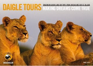 PAGE 1 OF 5
TANZANIA
TANZANIAN SAFARIS AND DAY TRIPS FROM ARUSHA AND DAR ES SALAAM
MAKING DREAMS COME TRUE
DaigleTours.com
DaigleToursDaigleTours
 