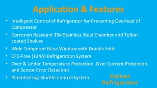 Application & Features
• Intelligent Control of Refrigerator for Preventing Overload of
Compressor
• Corrosion Resistant 304 Stainless Steel Chamber and Tefloncoated Shelves
• Wide Tempered Glass Window with Double Fold
• CFC-Free (134A) Refrigeration System
• Over & Under Temperature Protection, Over Current Protection
and Sensor Error Detection
Daihan
• Patented Jog-Shuttle Control System
Refrigerator

 