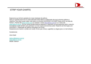 STRIP YOUR CHARTS



Esperamos que tenham gostados do nosso striptease de gráficos.
Seria um grande prazer de ver vocês aplicando estas ideias na elaboração dos seus próximos gráficos e
relatórios. Para quem quiser saber mais sobre os conceitos SUCCESS e HI-CHART basta entrar nos sites da
Hichert + Partner AG (www.hichert.com) ou acessar o nosso blog.daikcon.com.br ou o nosso site
www.daikcon.com.br. Se tiver ainda dúvidas estamos dispostos a responder as suas perguntas sobre o assunto.
Convidamos vocês também para participar num dos nossos treinamentos sobre “Desenho de Informação com
SUCCESS” e “Elaboração de gráficos avançados com Excel”.
Gostariamos de manter o contato com vocês. Envie suas críticas, sugestões ou elogios para o e-mail embaixo.

Cordialmente

Ulrich Seidl

daikcon@daikcon.com.br
www.daikcon.com.br
©2009 Daikcon
 